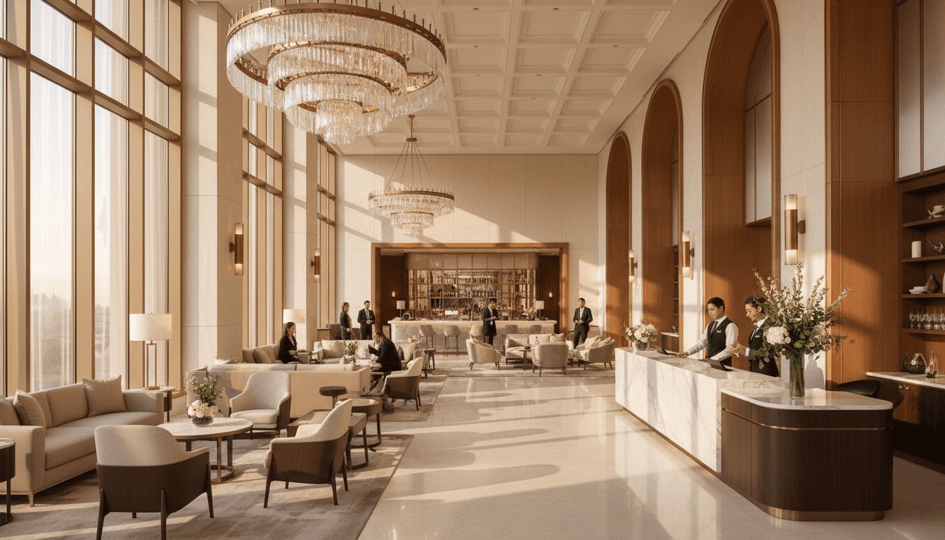 Pristine hotel lobby with polished finishes